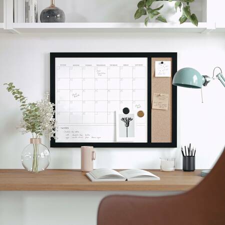 MARTHA STEWART Everette 24in.x18in. Magnetic Dry Erase Calendar and Crk Board Combo w/Mrkr, Mgnts, and Psh Pns, Blk BR-PM-COM-MW4C1-4561-BK-MS